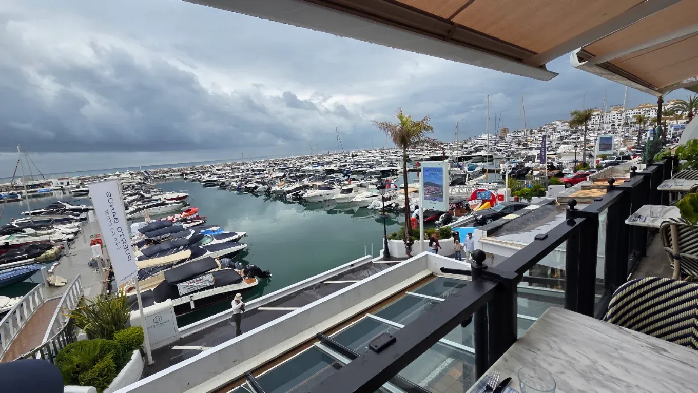The view over Puerto Banús marina from the upstairs terrace at Jack's