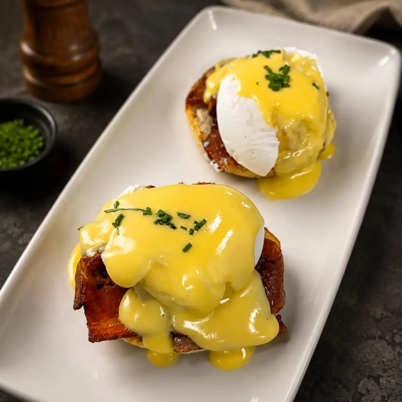 Two eggs benedict with hollandaise and chives on a white plate